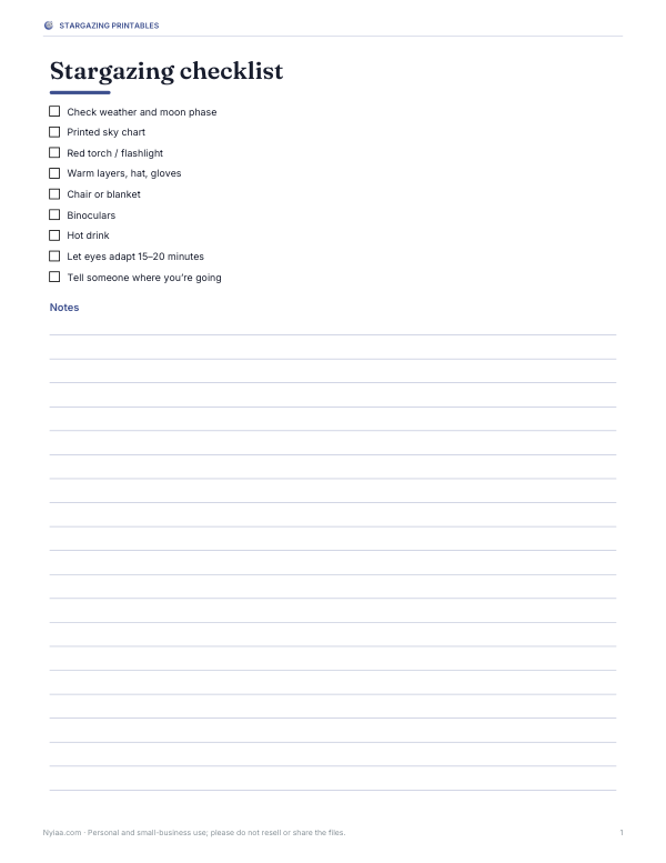 Preview of Printable Stargazing Checklist